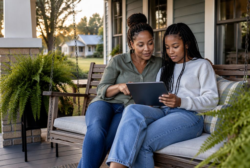 Mother and teenage daughter on the porch swing of a rebuilt craftsman home in Lake Charles, looking at a tablet together