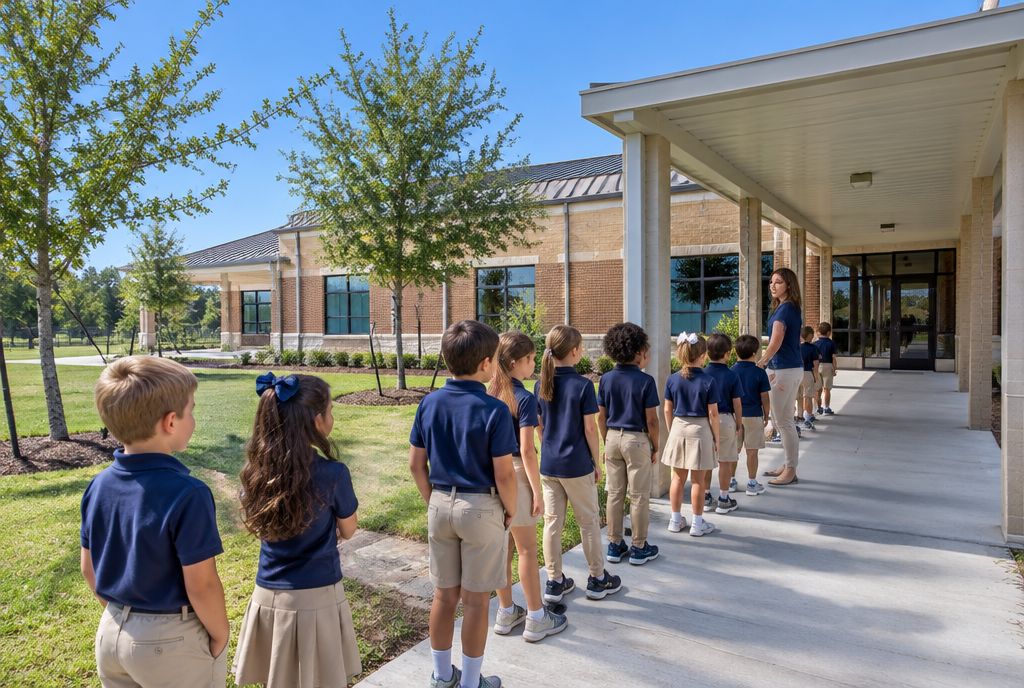 Tan-brick private school building with a covered walkway, students in navy polo shirts heading to class