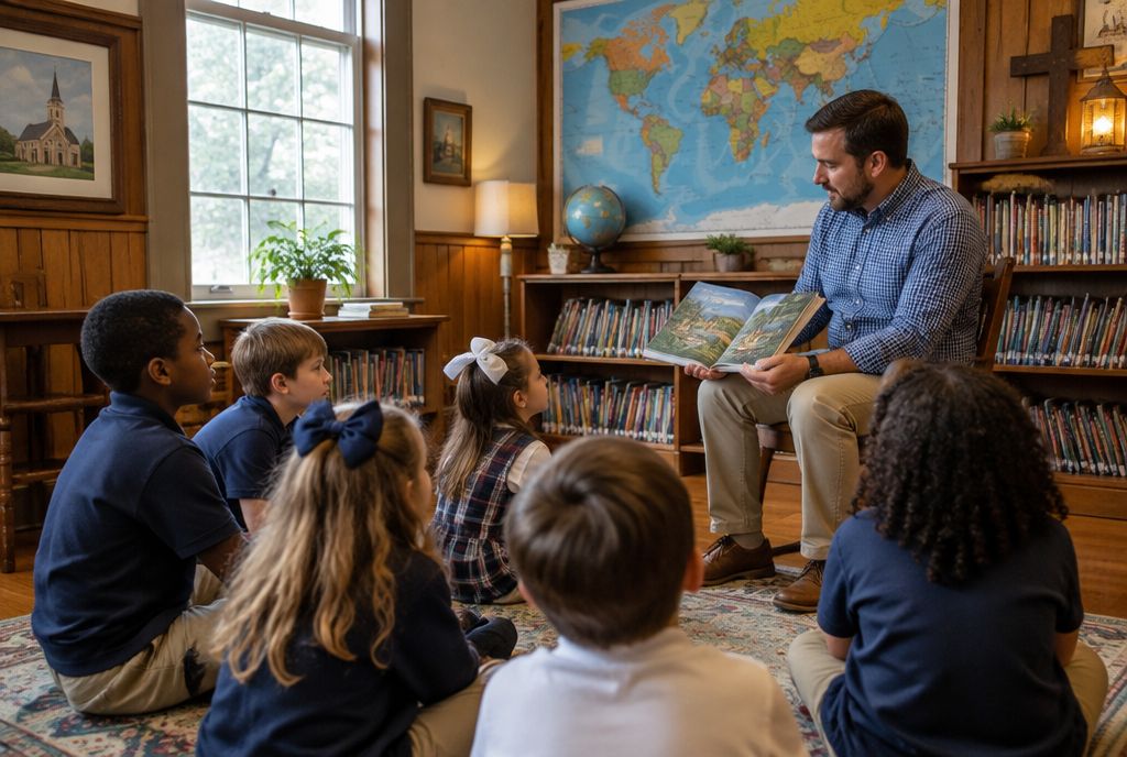 Church-school elementary class sitting on a rug while their teacher reads aloud